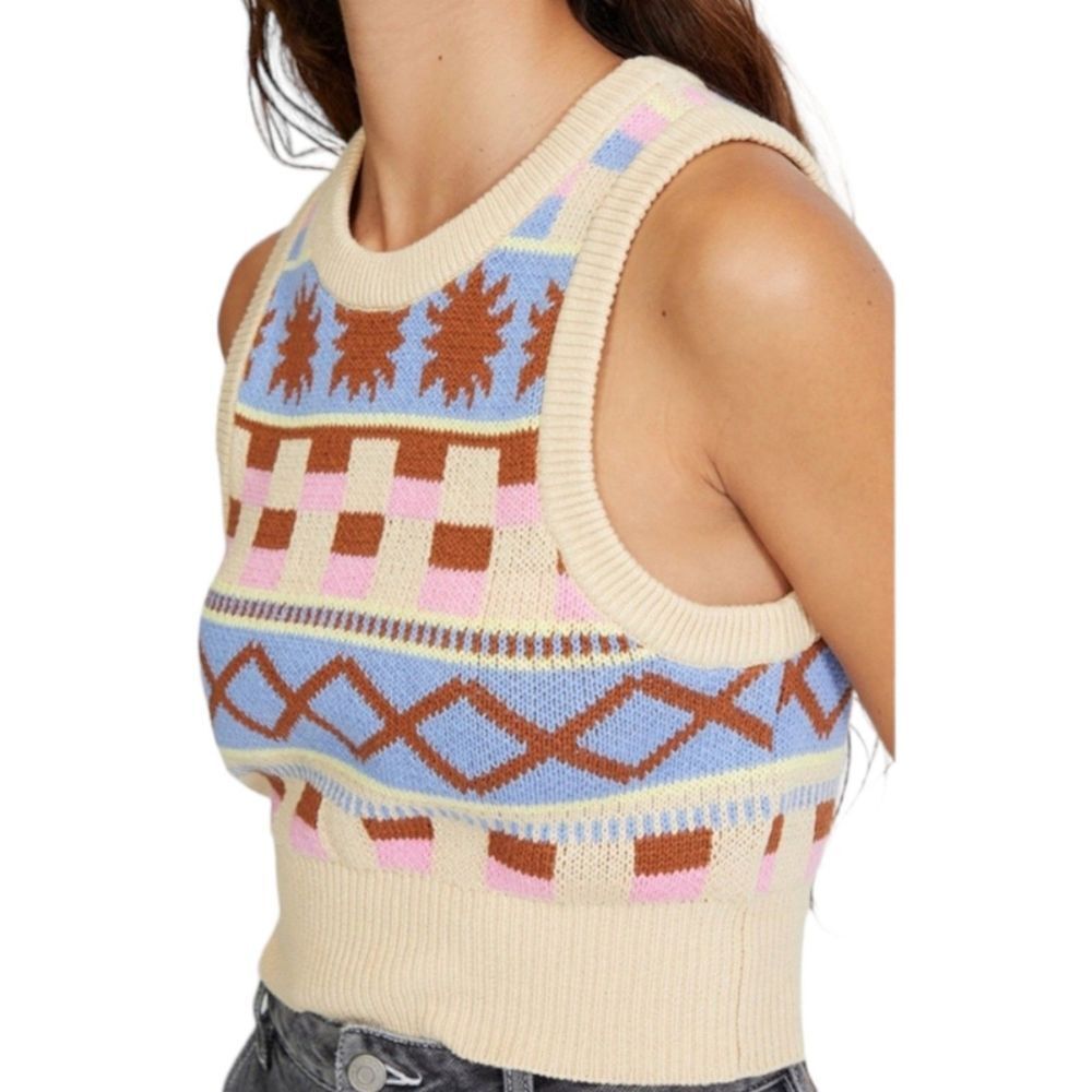 L.A. Hearts Sweater Vest Womens Small Beige Cotton Knit Geometric Retro Y2K